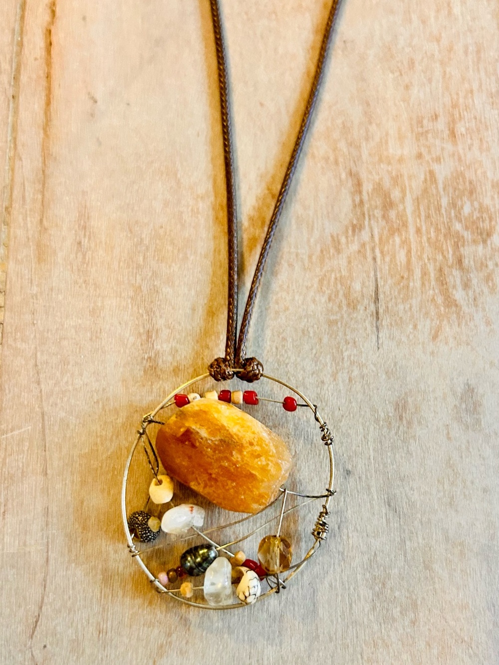 Chalcedony,  pearls and shells on a sterling silver loop and wire